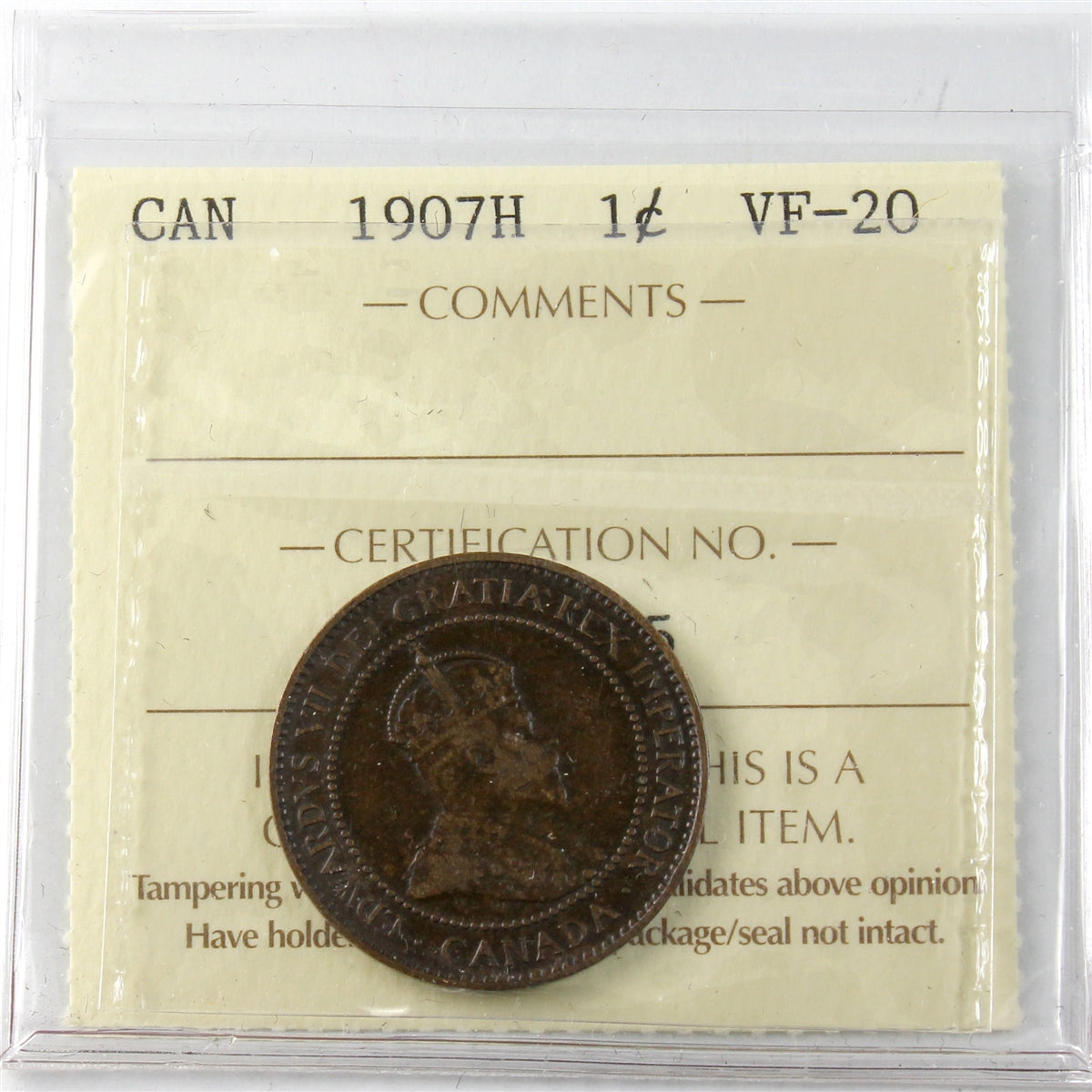1907H Canada 1-cent ICCS Certified VF20
