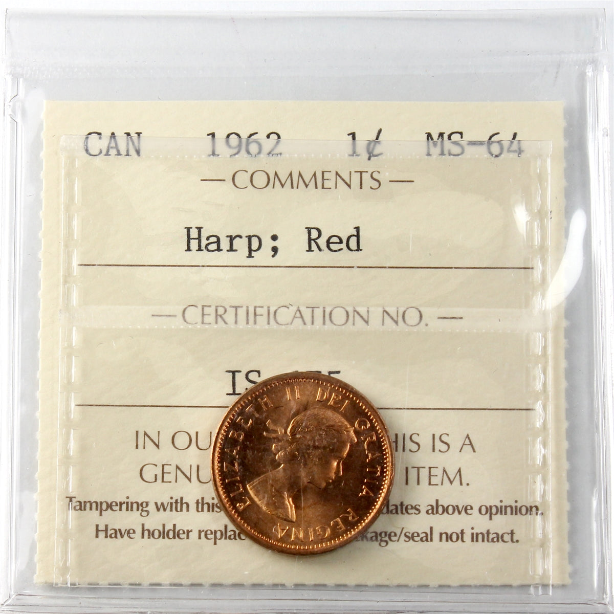 1962 Harp Canada 1-cent ICCS Certified MS64 Red