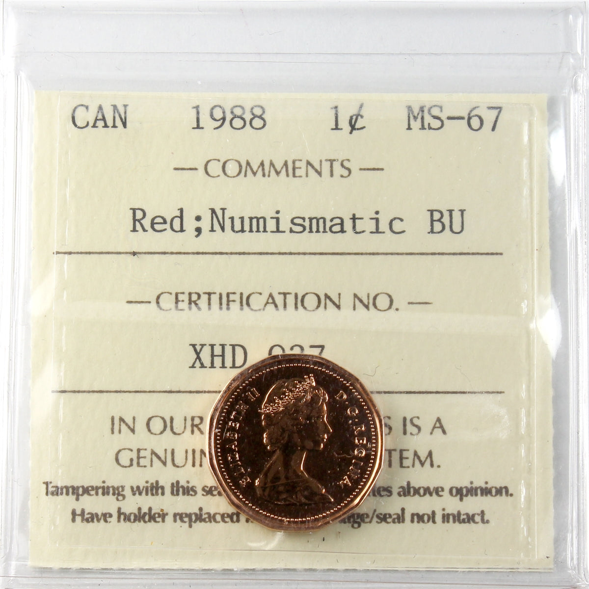 1988 Canada 1-cent ICCS Certified MS67 Red; NBU