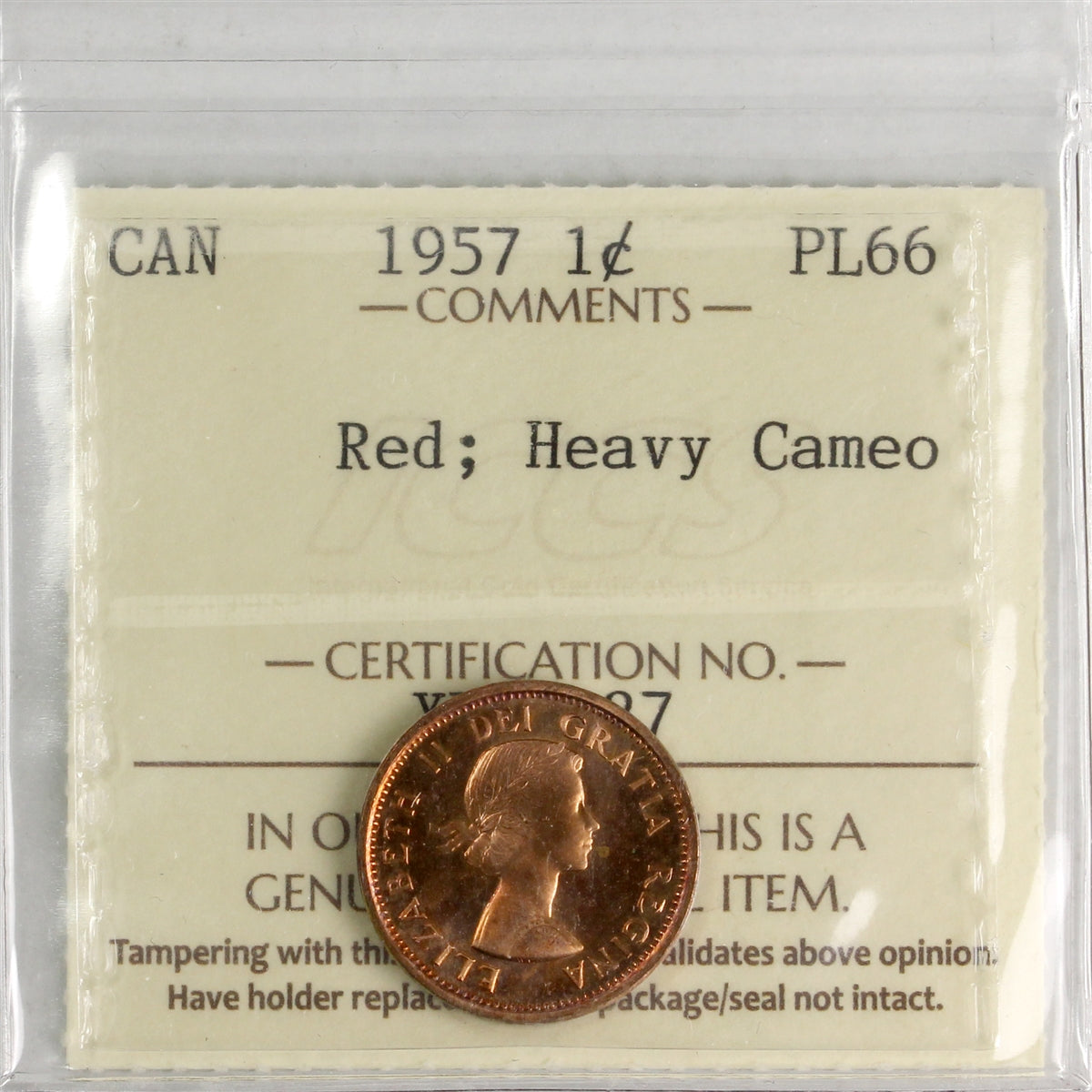 1957 Canada 1-cent ICCS Certified PL66 Red; Heavy Cameo
