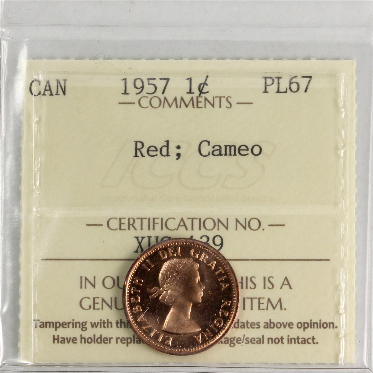 1957 Canada 1-cent ICCS Certified PL67 Red; Cameo