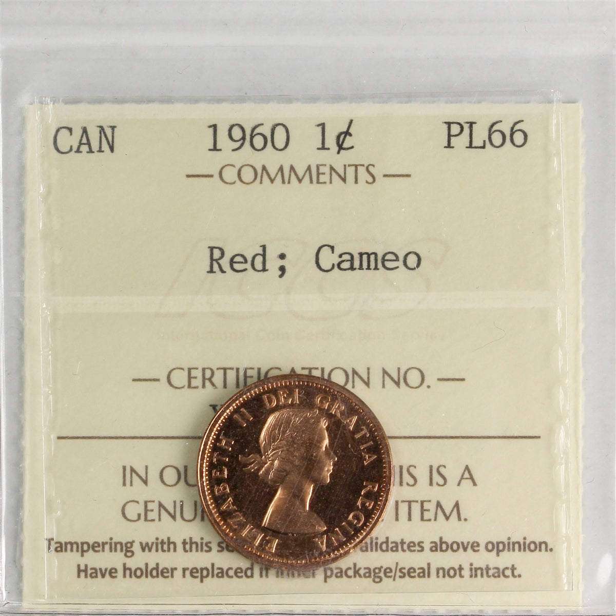1960 Canada 1-cent ICCS Certified PL-66 Red; Cameo