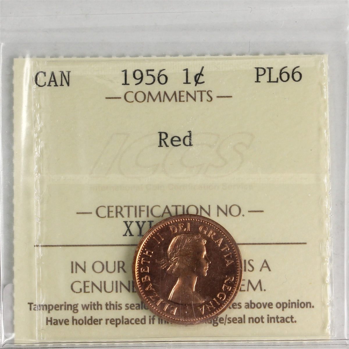 1956 Canada 1-cent ICCS Certified PL66 Red