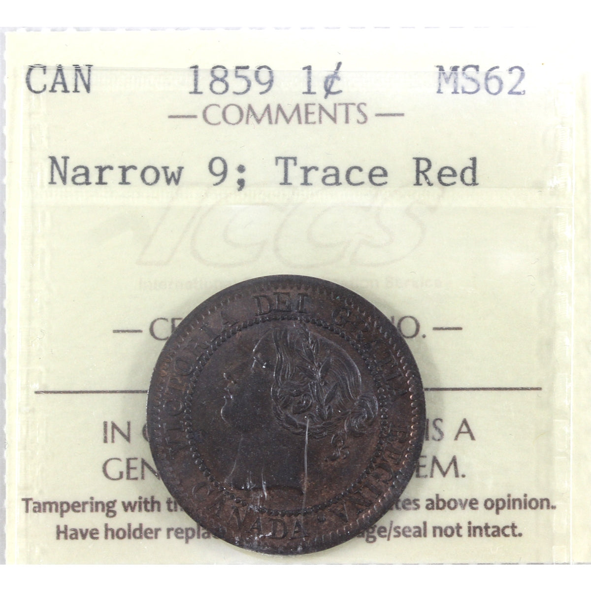 1859 Narrow 9 Canada 1-cent ICCS Certified MS62 Trace Red