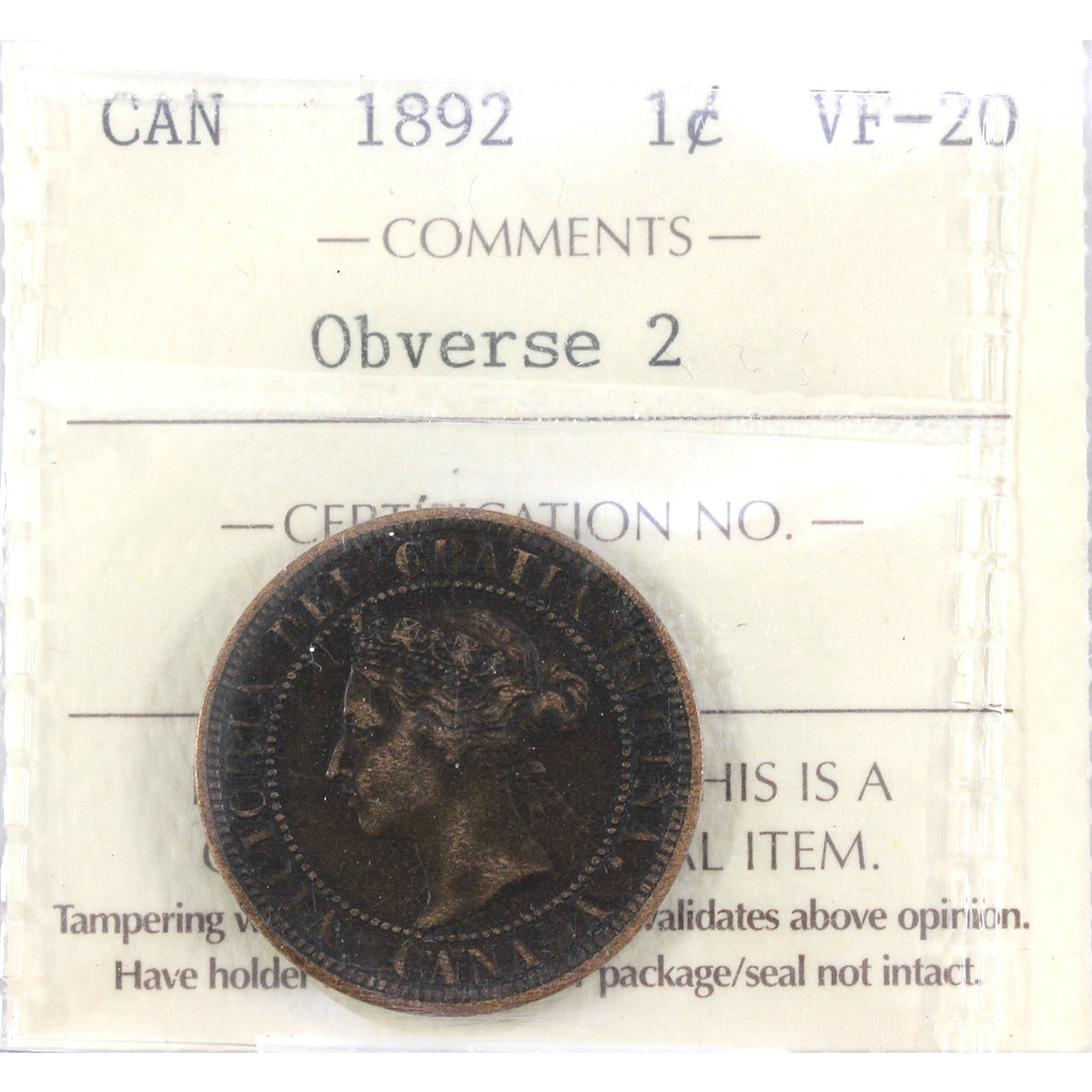 1892 Obv. 2 Canada 1-cent ICCS Certified VF20
