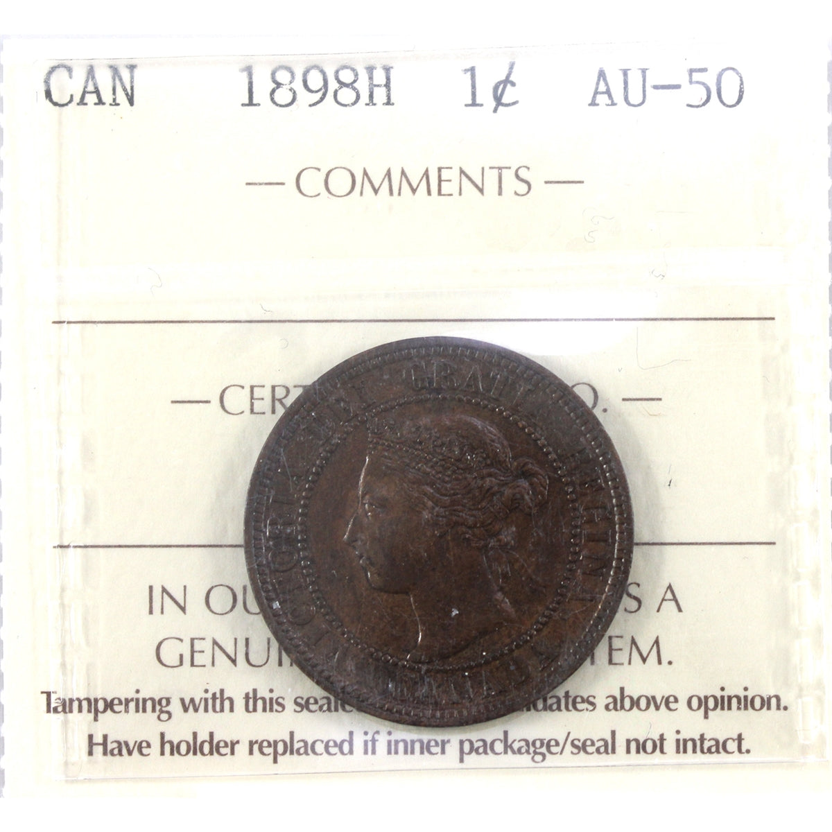 1898H Canada 1-cent ICCS Certified AU50