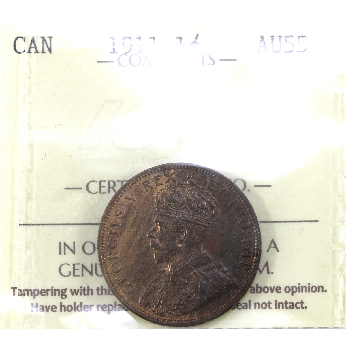 1911 Canada 1-cent ICCS Certified AU-55
