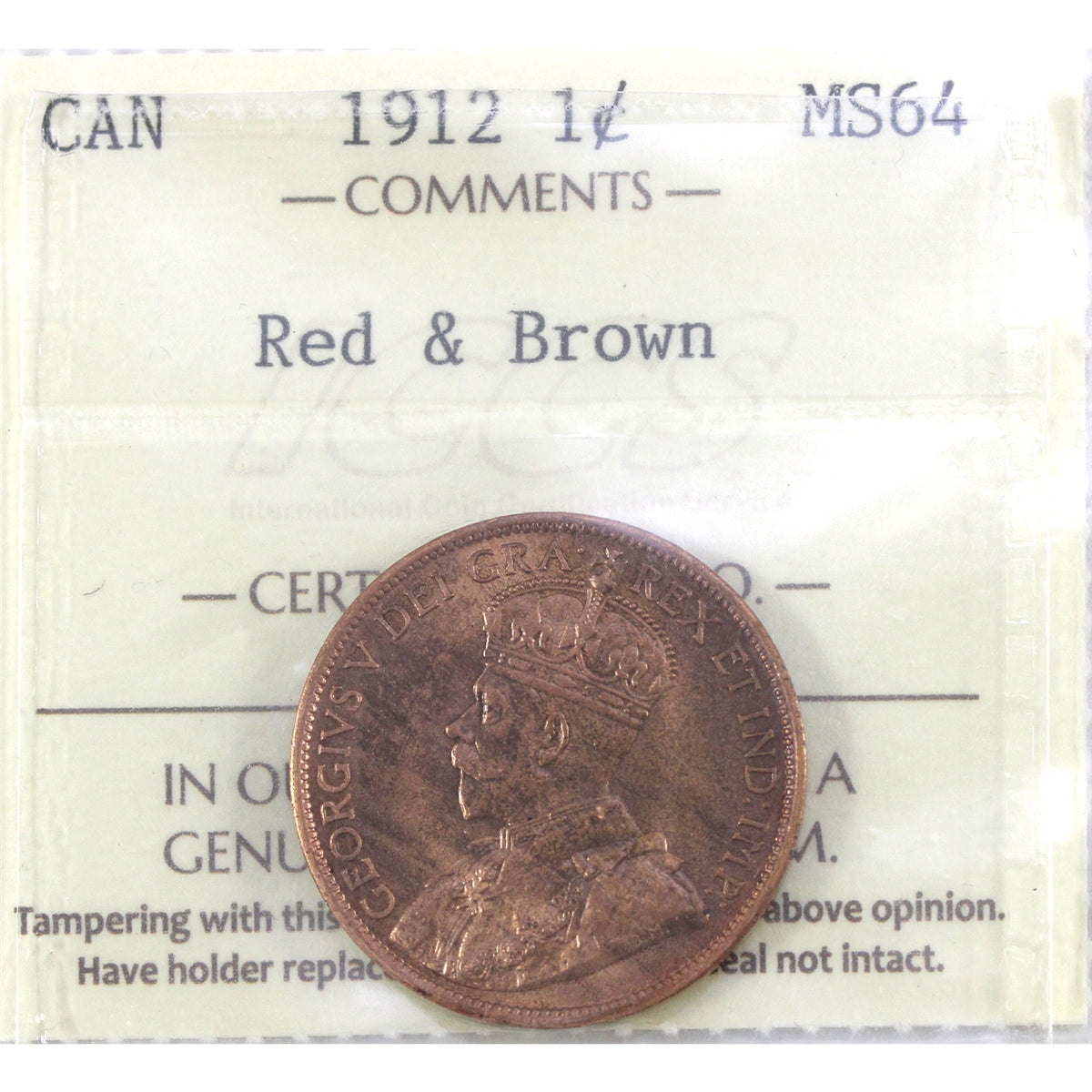 1912 Canada 1-cent ICCS Certified MS-64 Red & Brown