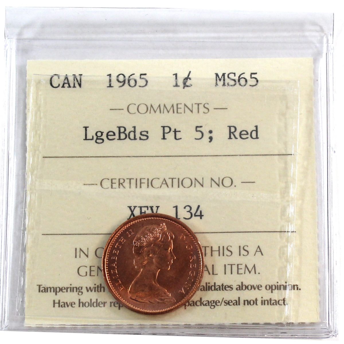 1965 LgBds Ptd 5 (Type 4) Canada 1-cent ICCS Certified MS65 Red