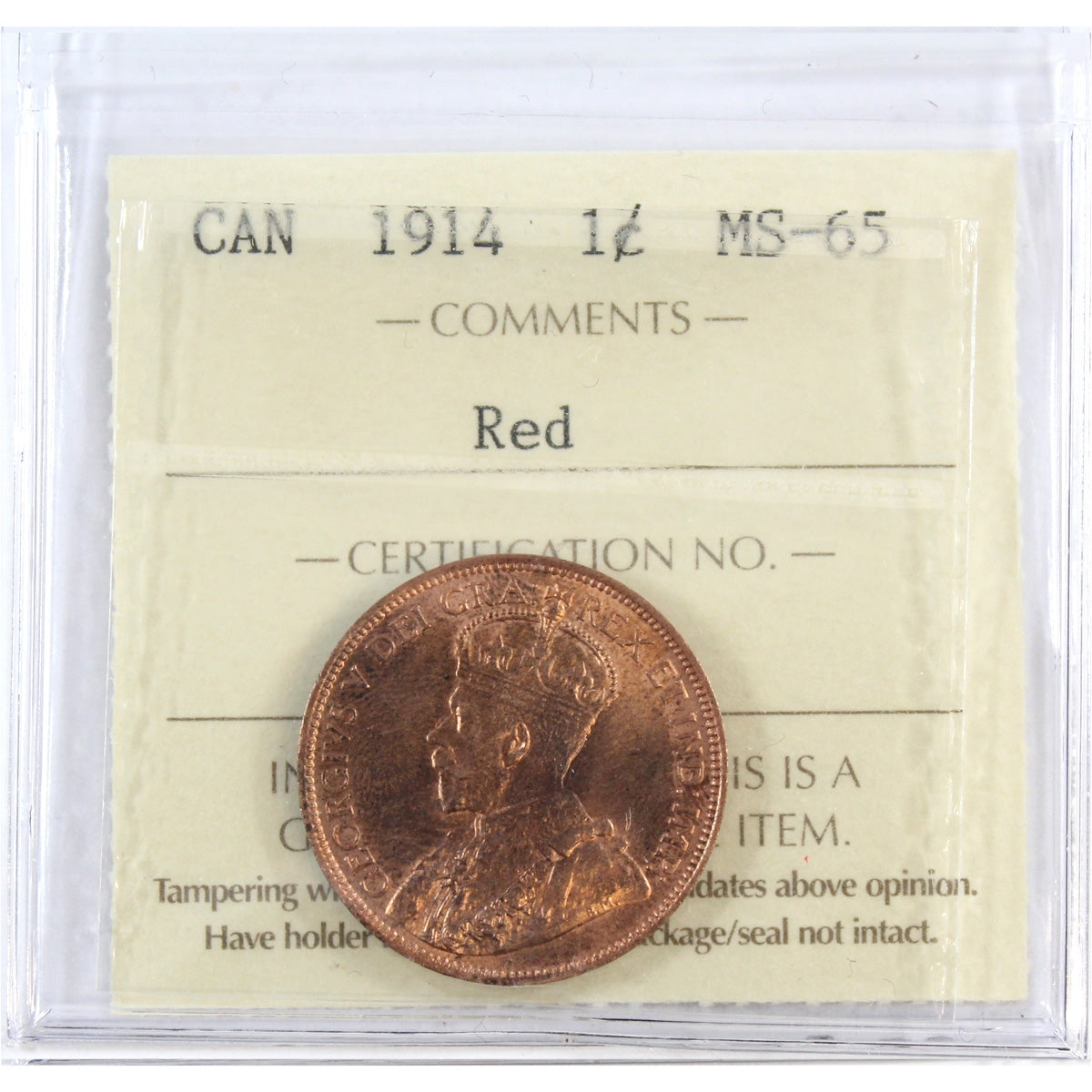 1914 Canada 1-cent ICCS Certified MS65 Red