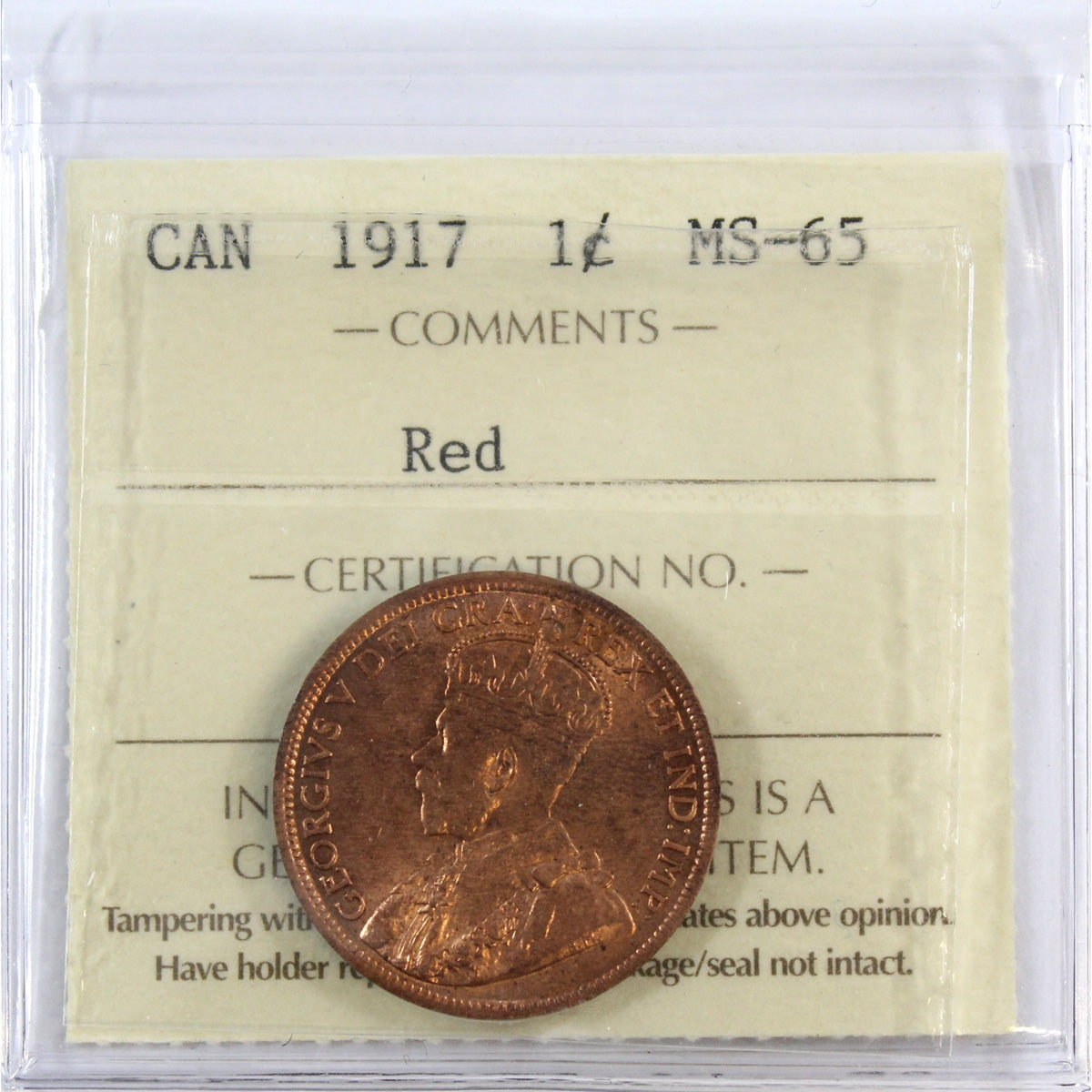 1917 Canada 1-cent ICCS Certified MS65 Red (XUZ 578)