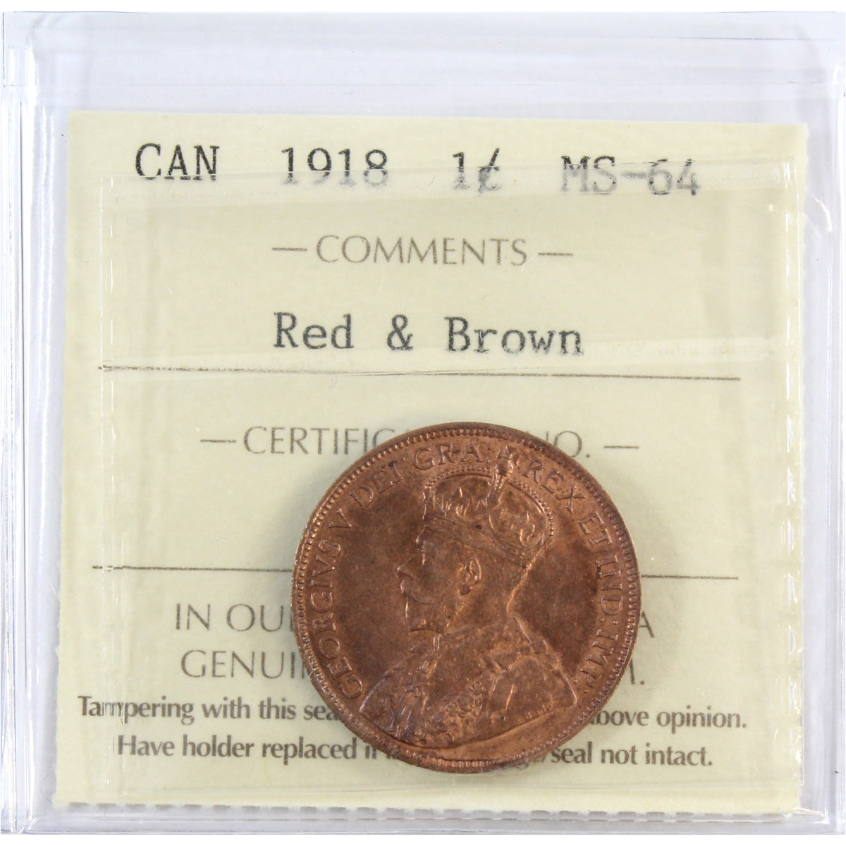 1918 Canada 1-cent ICCS Certified MS64 Red & Brown