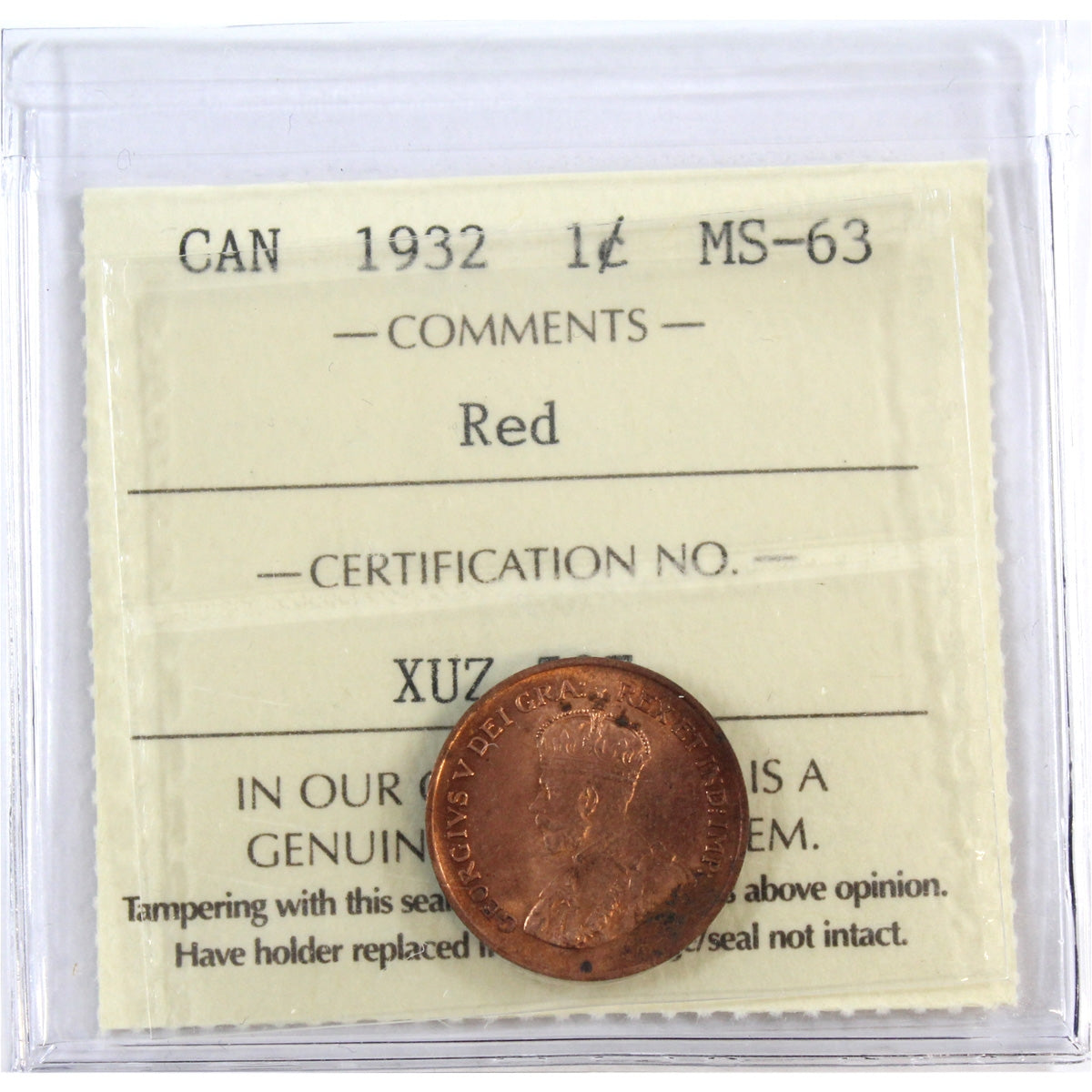 1932 Canada 1-cent ICCS Certified MS63 Red