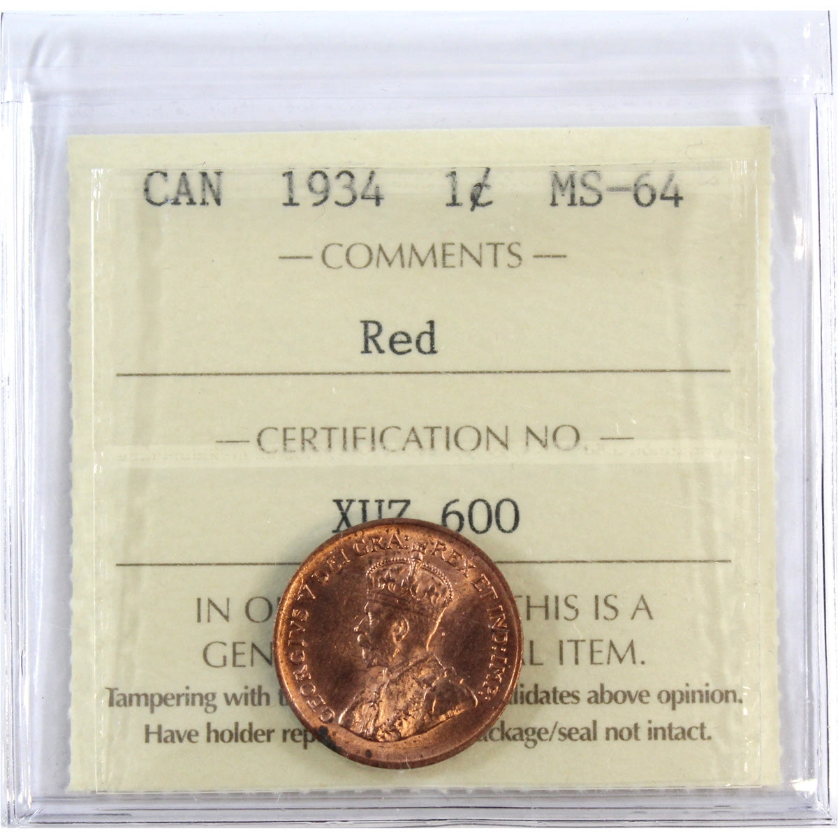 1934 Canada 1-cent ICCS Certified MS-64 Red