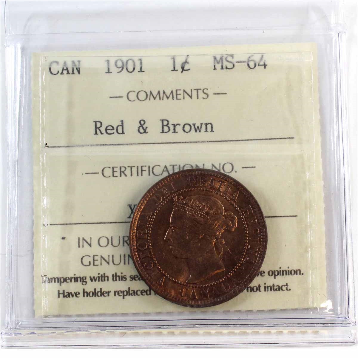 1901 Canada 1-cent ICCS Certified MS-64 Red & Brown