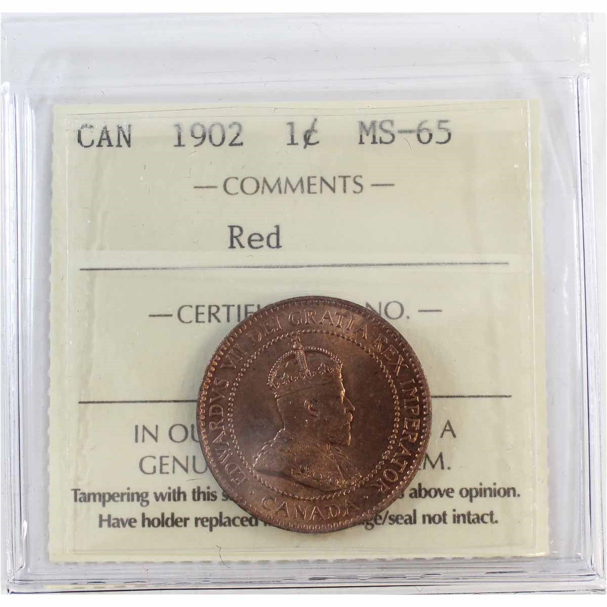 1902 Canada 1-cent ICCS Certified MS65 Red (XMU 378)