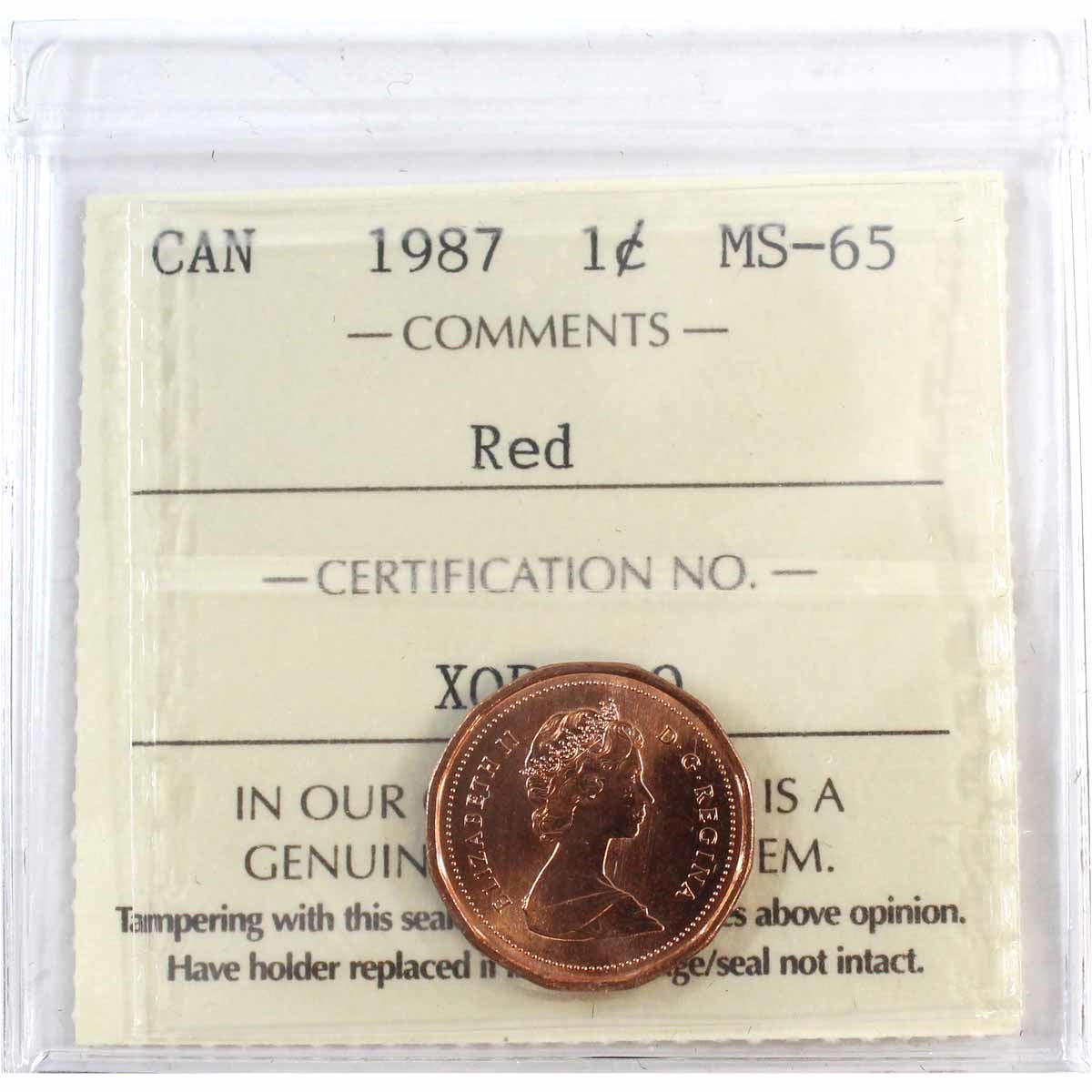 1987 Canada 1-cent ICCS Certified MS65 Red