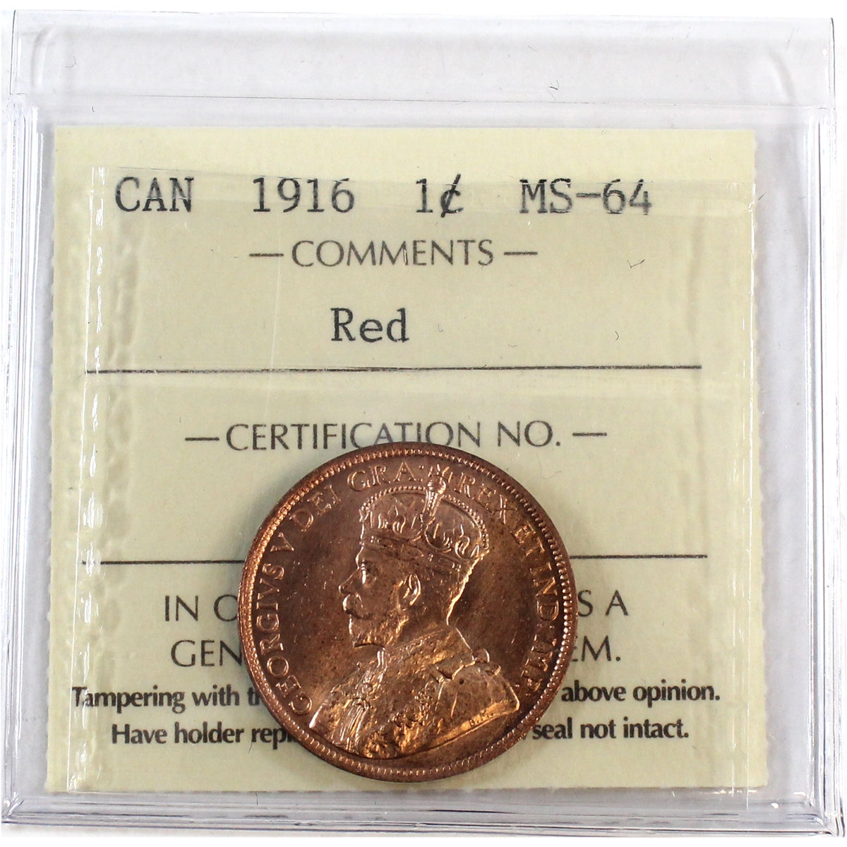 1916 Canada 1-cent ICCS Certified MS64 Red