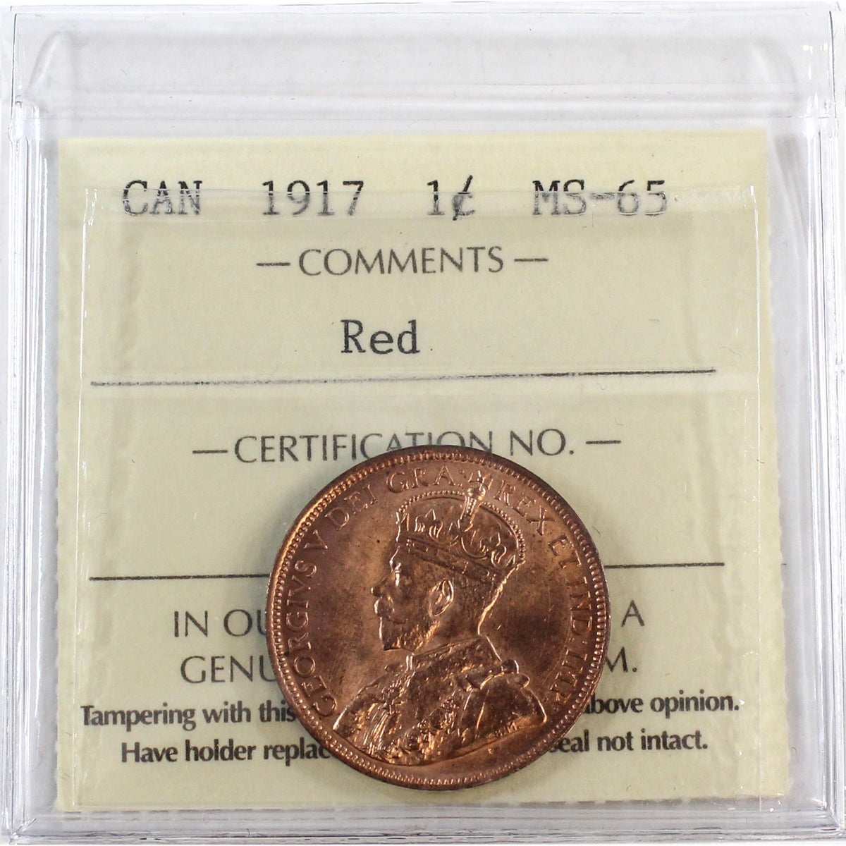 1917 Canada 1-cent ICCS Certified MS65 Red (XCE 752)