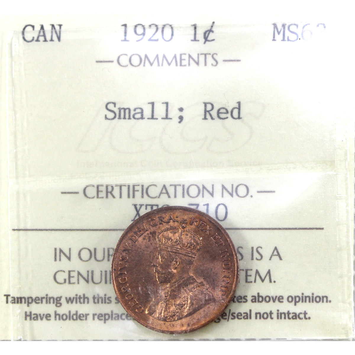 1920 Small Canada 1-cent ICCS Certified MS63