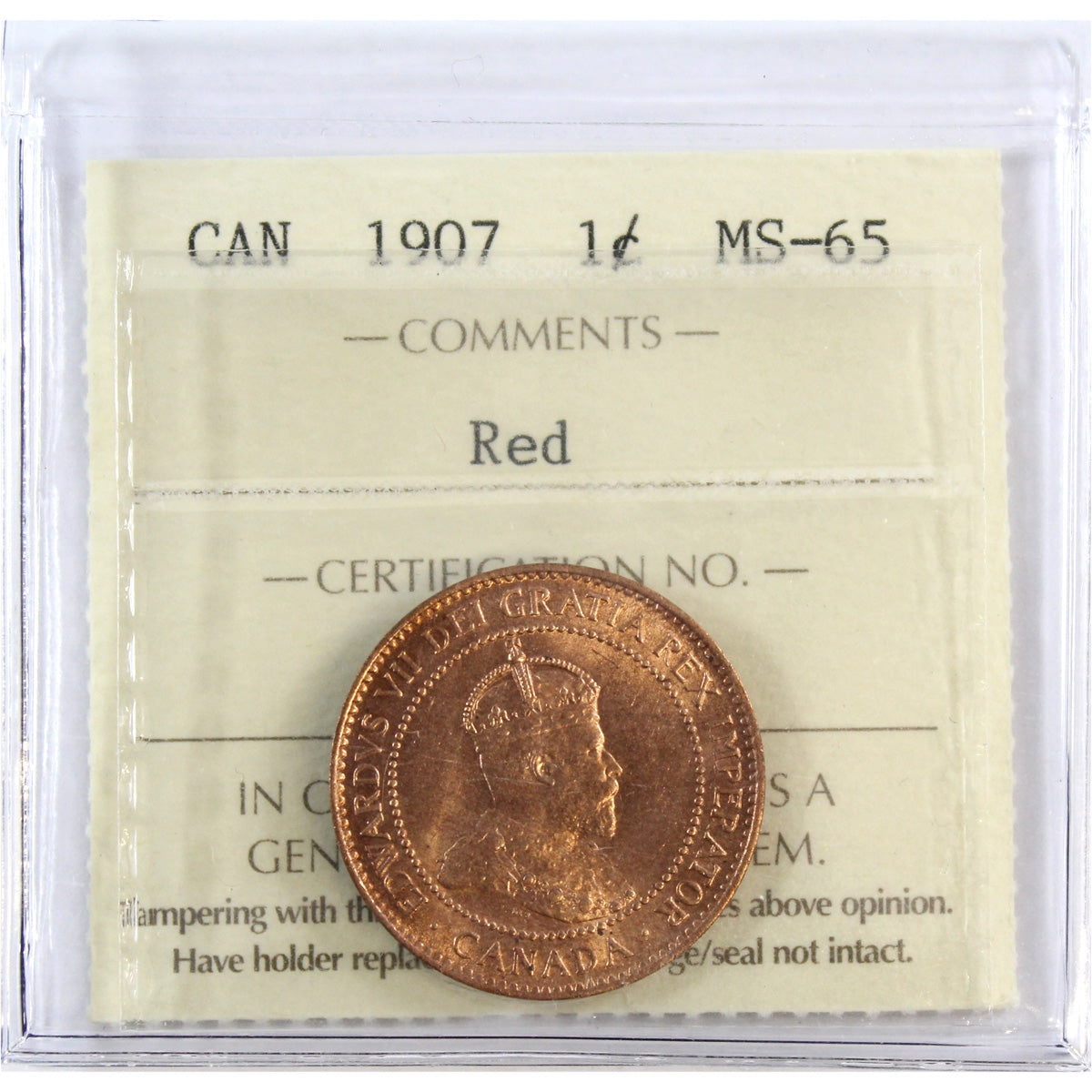 1907 Canada 1-cent ICCS Certified MS-65 Red