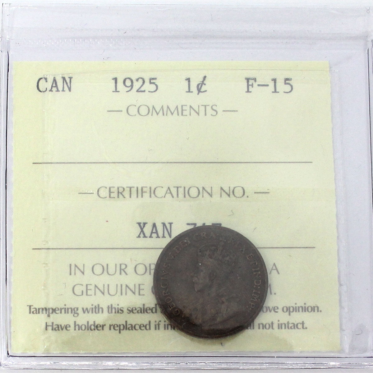 1925 Canada 1-cent ICCS Certified F15