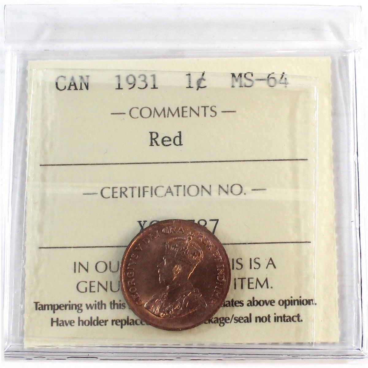 1931 Canada 1-cent ICCS Certified MS64 Red (XCE 787)