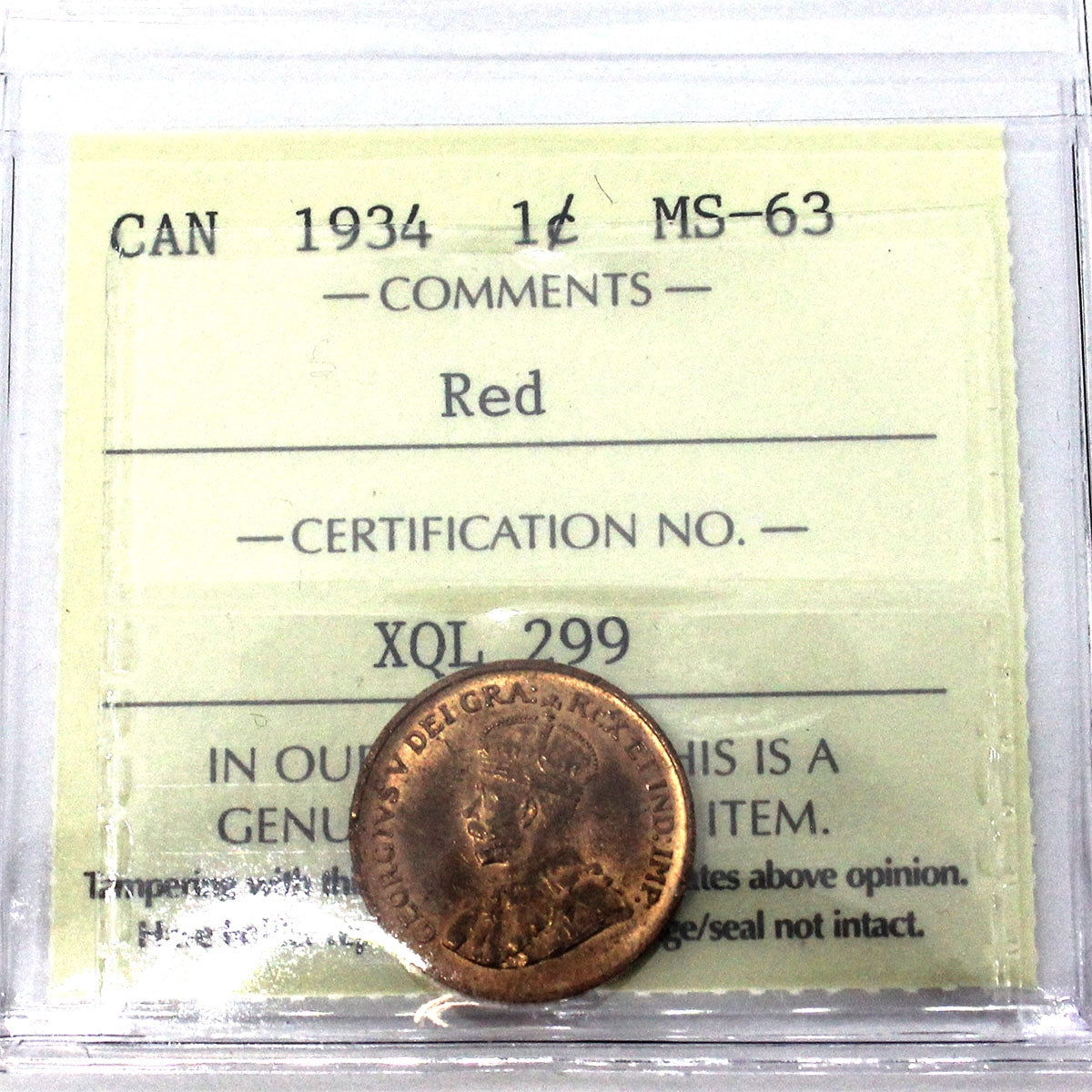 1934 Canada 1-cent ICCS Certified MS63 Red