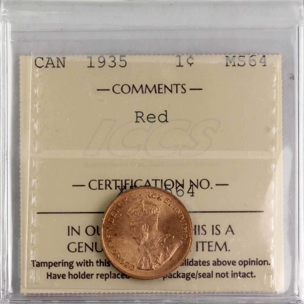 1935 Canada 1-cent ICCS Certified MS-64 Red
