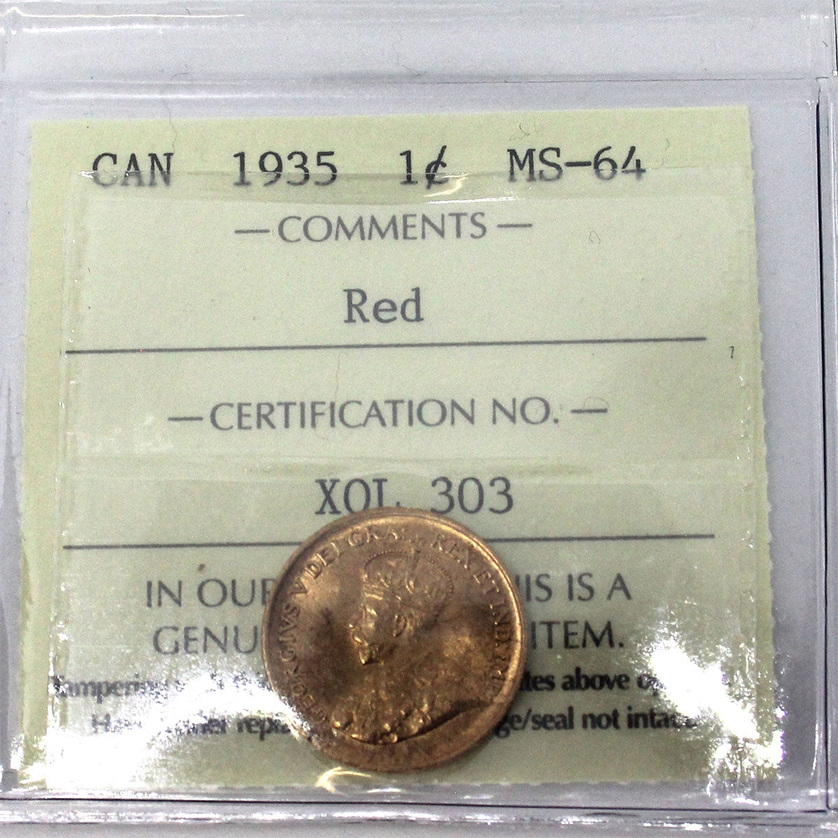 1935 Canada 1-cent ICCS Certified MS-64 Red