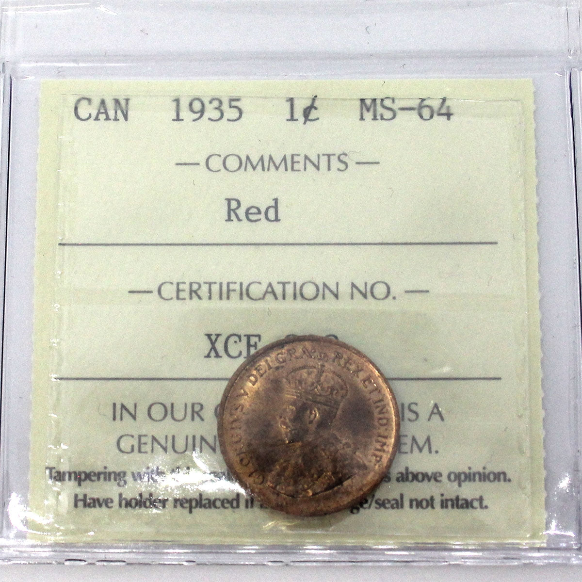 1935 Canada 1-cent ICCS Certified MS-64 Red