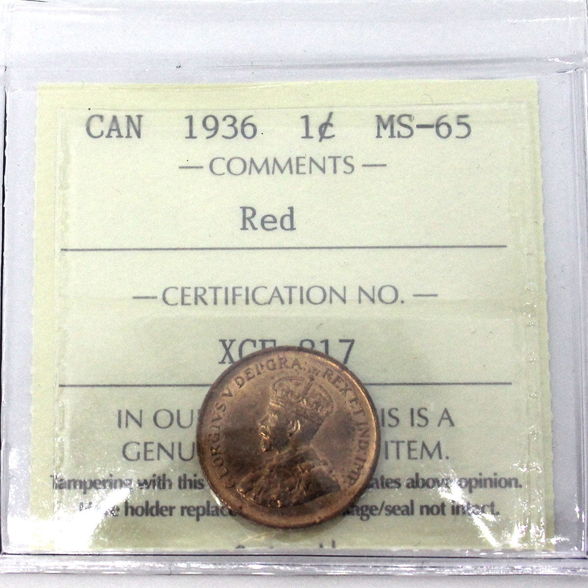 1936 Canada 1-cent ICCS Certified MS65 Red (XCE 817)