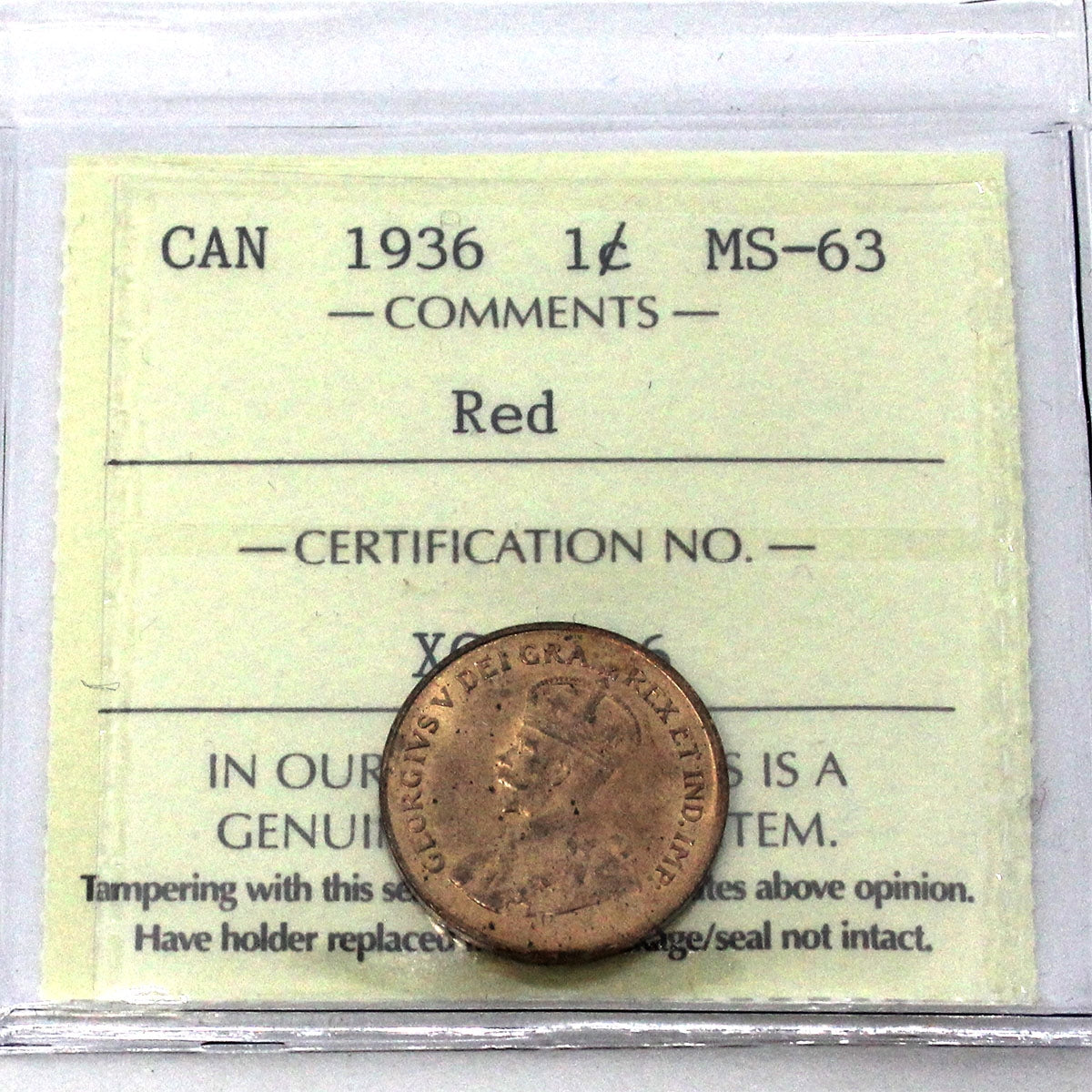 1936 Canada 1-cent ICCS Certified MS-63 Red