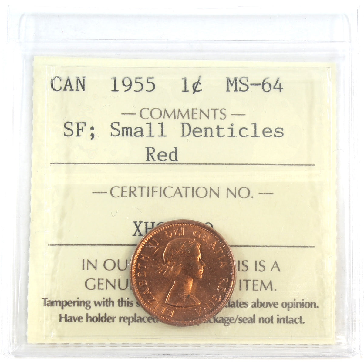 1955 SF, Small Denticles Canada 1-cent ICCS Certified MS64 Red
