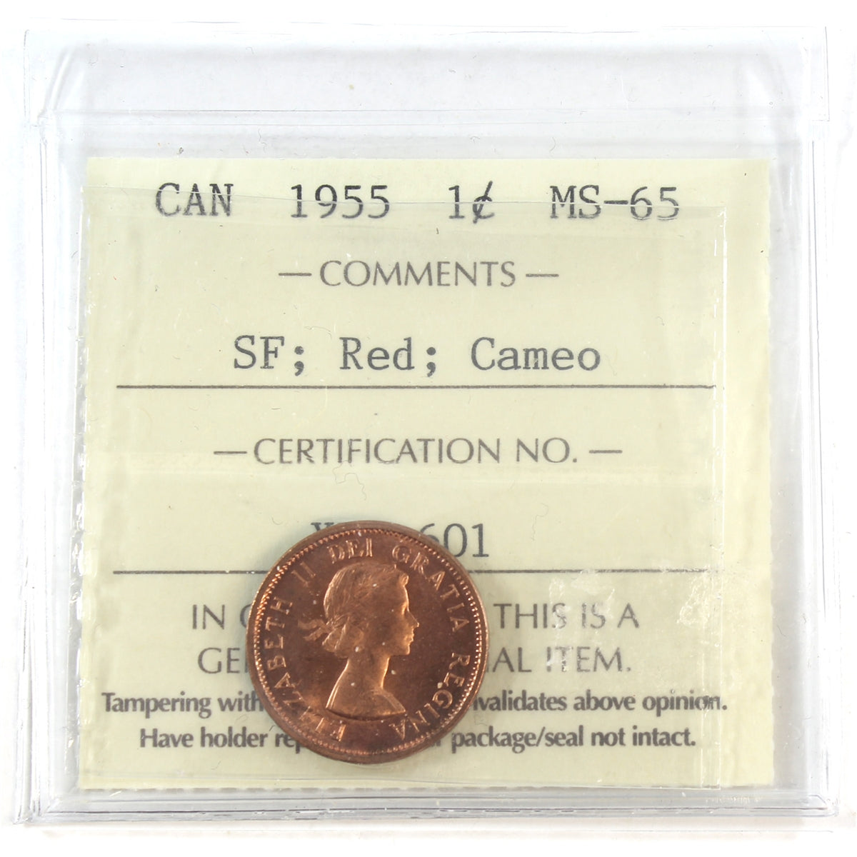 1955 SF Canada 1-cent ICCS Certified MS65 Red; Cameo