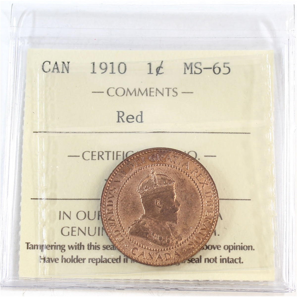 1910 Canada 1-cent ICCS Certified MS-65 Red (XIC 356)