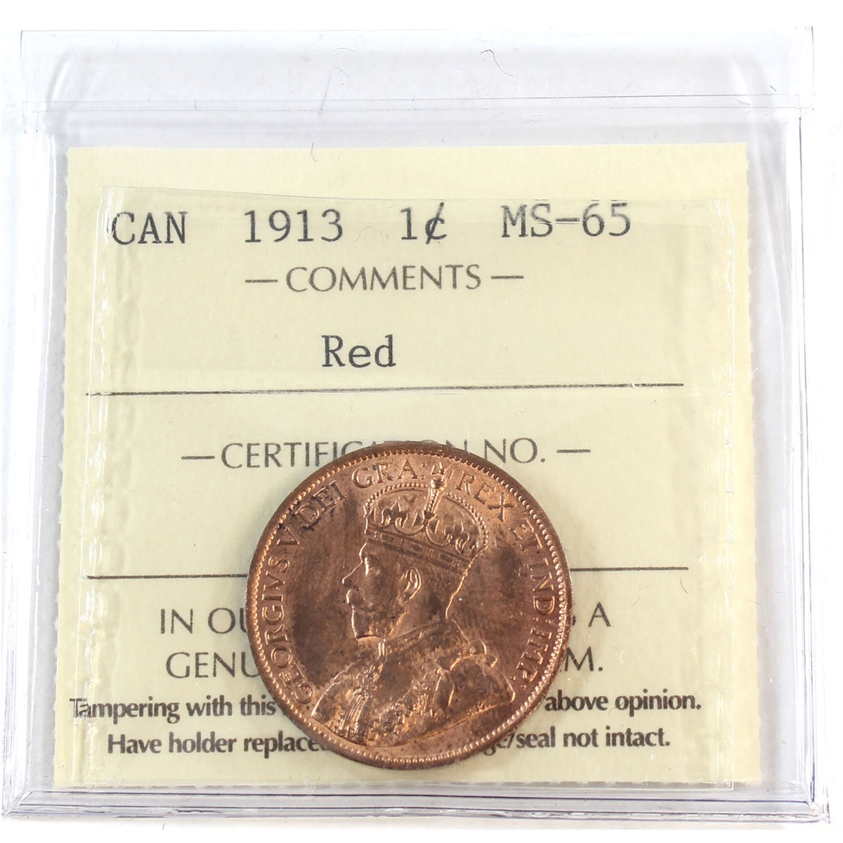 1913 Canada 1-cent ICCS Certified MS-65 Red (XIC 369)