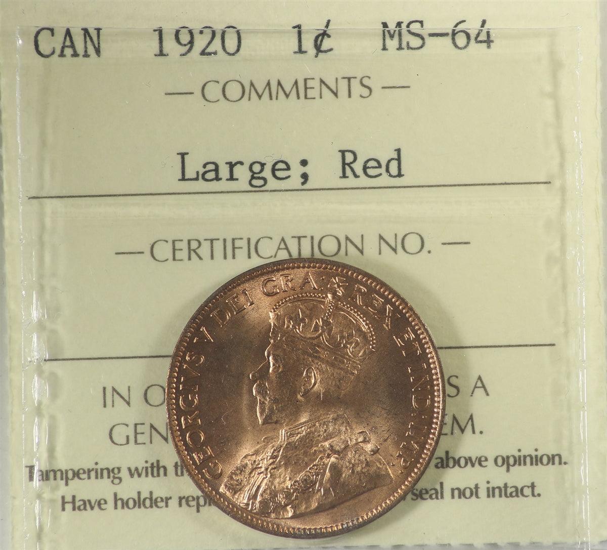 1920 Large Canada 1-cent ICCS Certified MS64 Red (XUM 453)