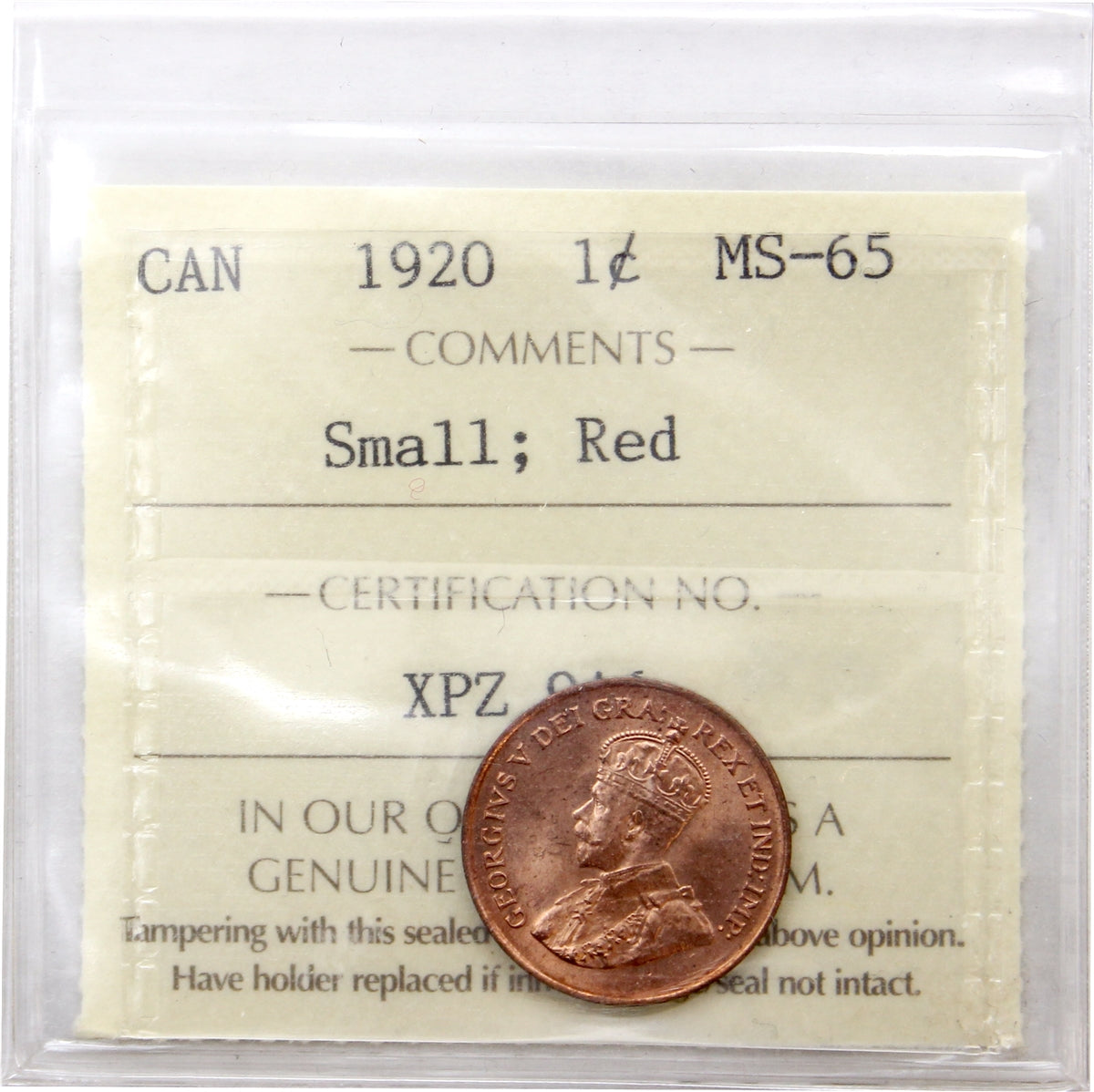 1920 Small Canada 1-cent ICCS Certified MS65 Red (XPZ 946)