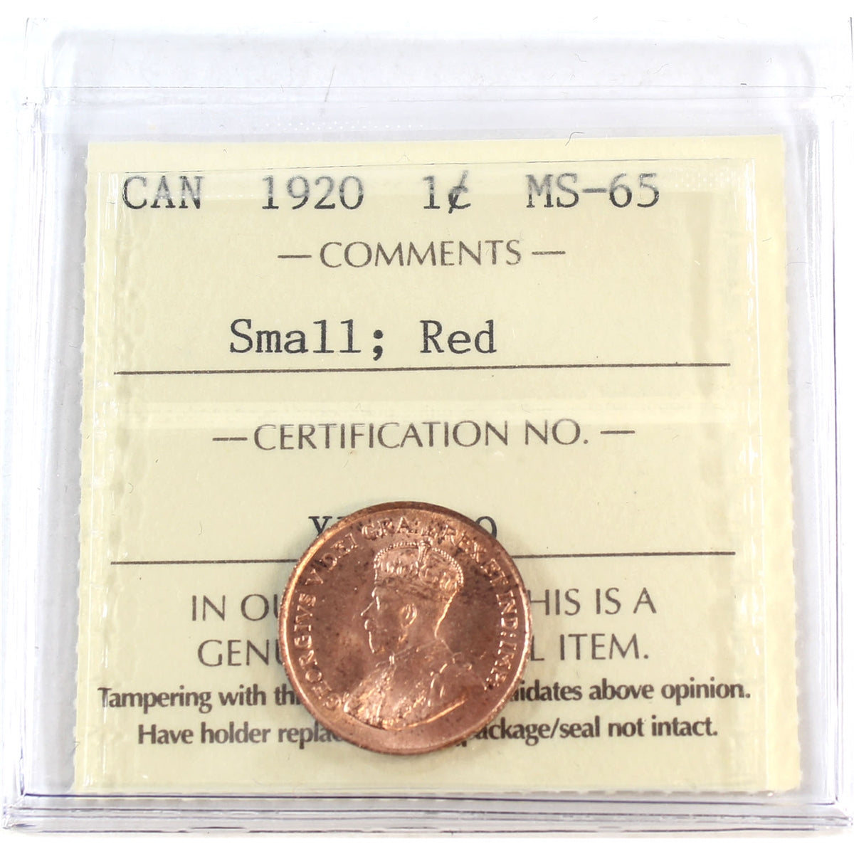 1920 Small Canada 1-cent ICCS Certified MS-65 Red (XIC 379)