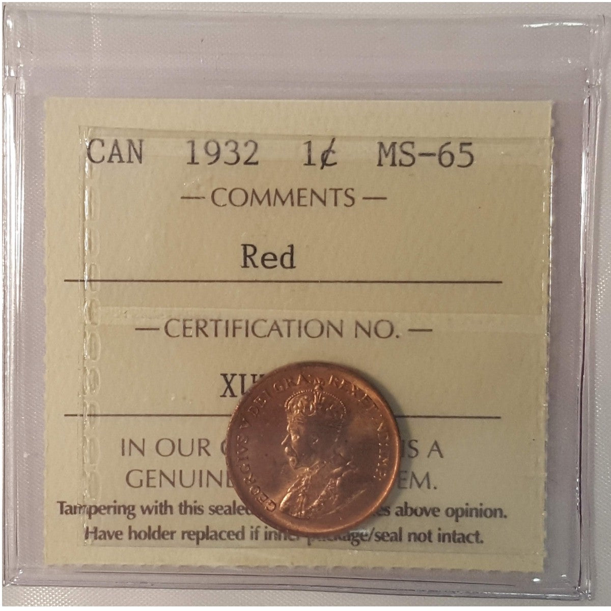 1932 Canada 1-cent ICCS Certified MS65 Red (XUZ 593)