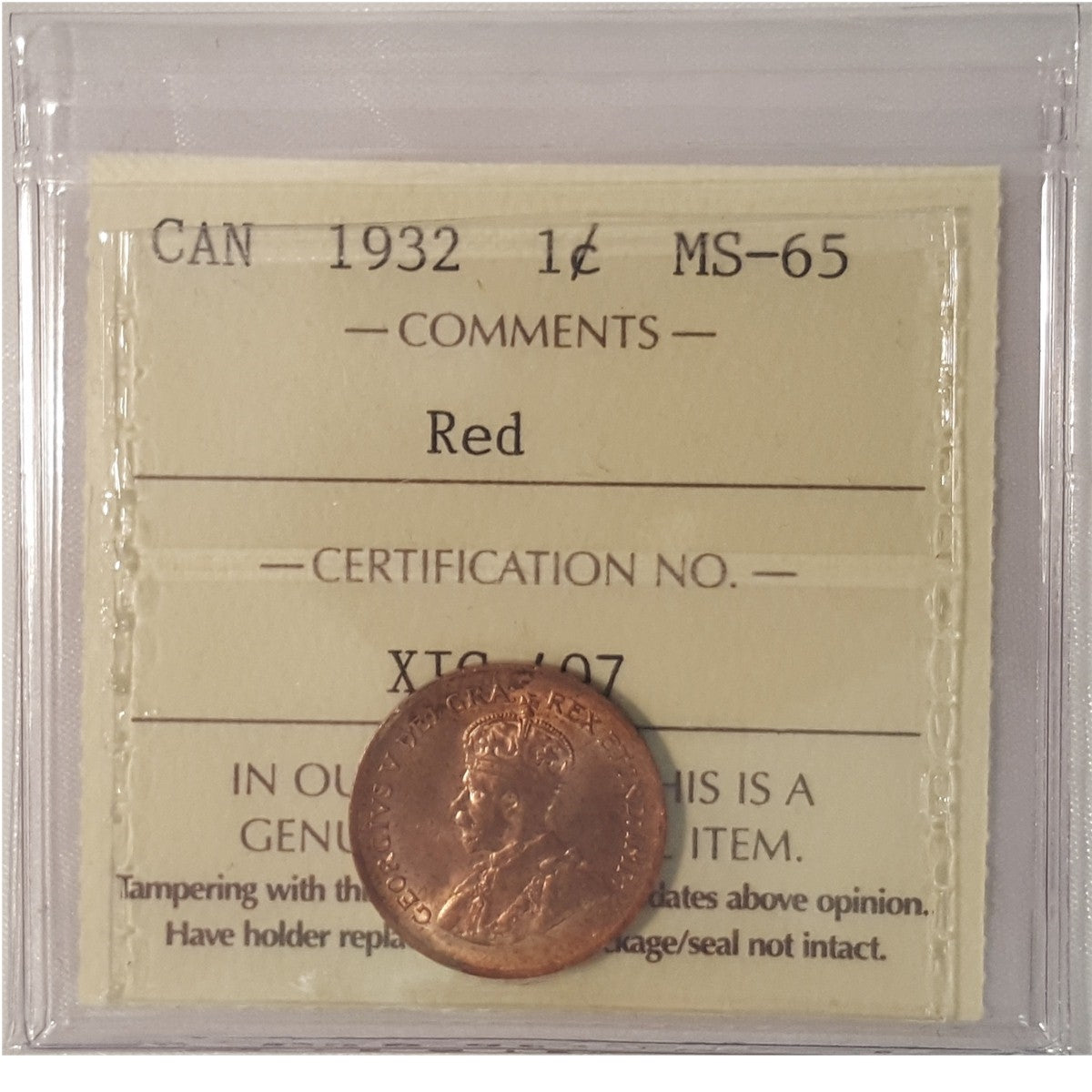 1932 Canada 1-cent ICCS Certified MS65 Red (XIC 407)