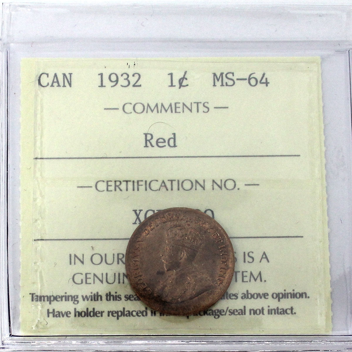 1932 Canada 1-cent ICCS Certified MS64 Red (XCE 790)