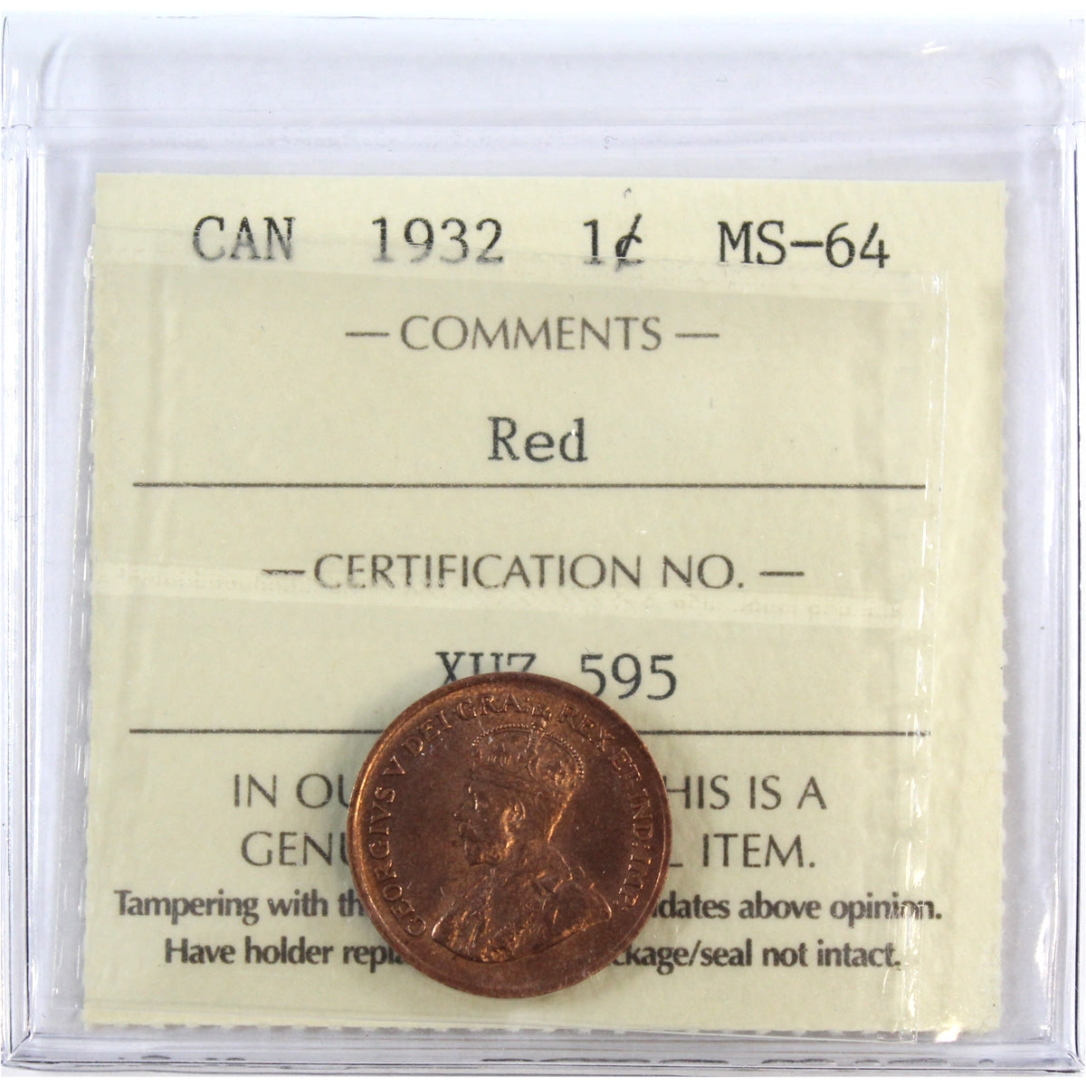 1932 Canada 1-cent ICCS Certified MS64 Red