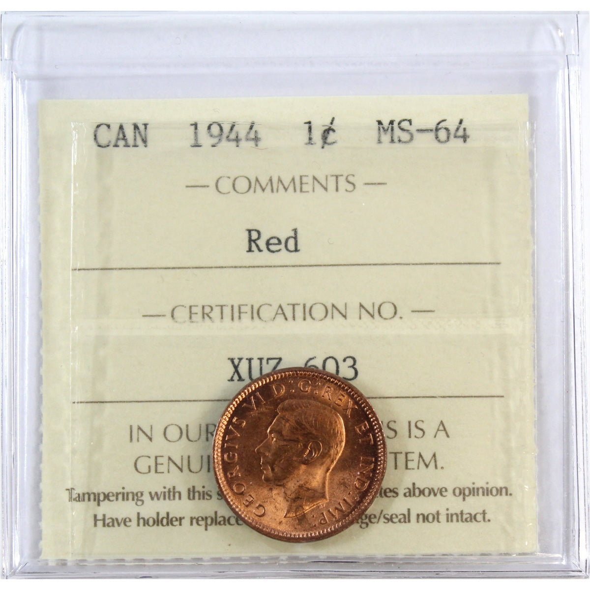 1944 Canada 1-cent ICCS Certified MS-64 Red