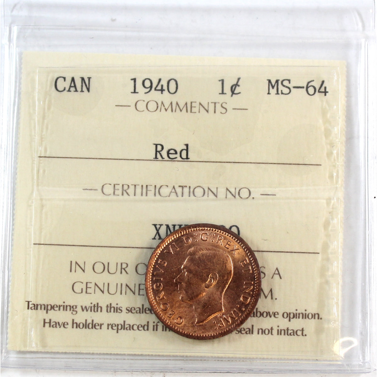 1940 Canada 1-cent ICCS Certified MS64 Red