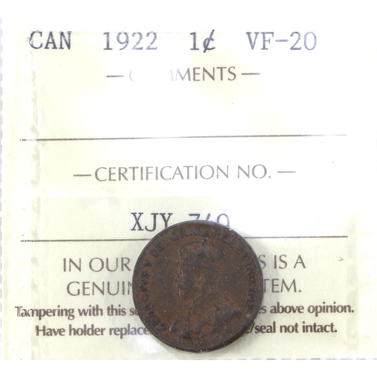 1922 Canada 1-cent ICCS Certified VF20
