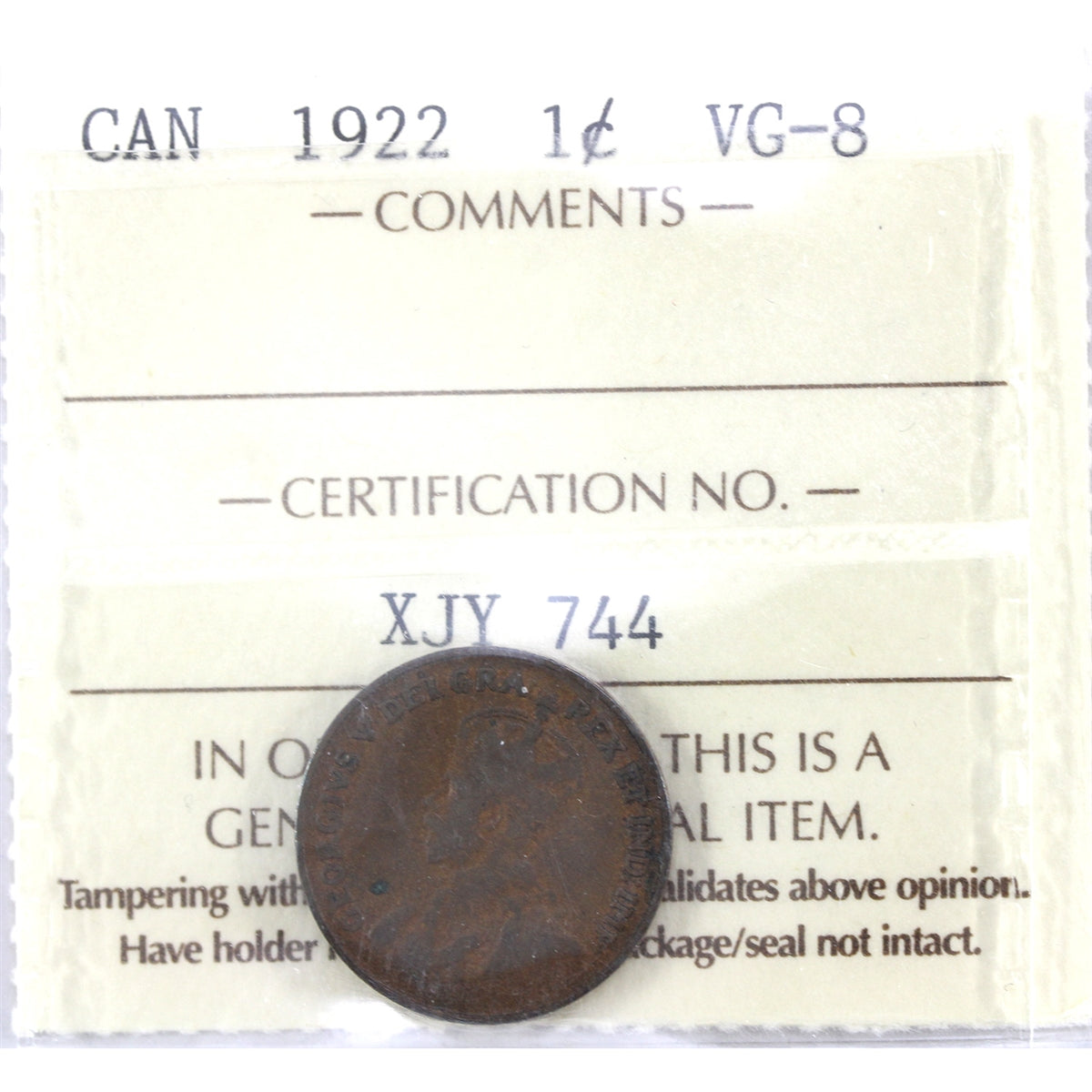 1922 Canada 1-cent ICCS Certified VG8