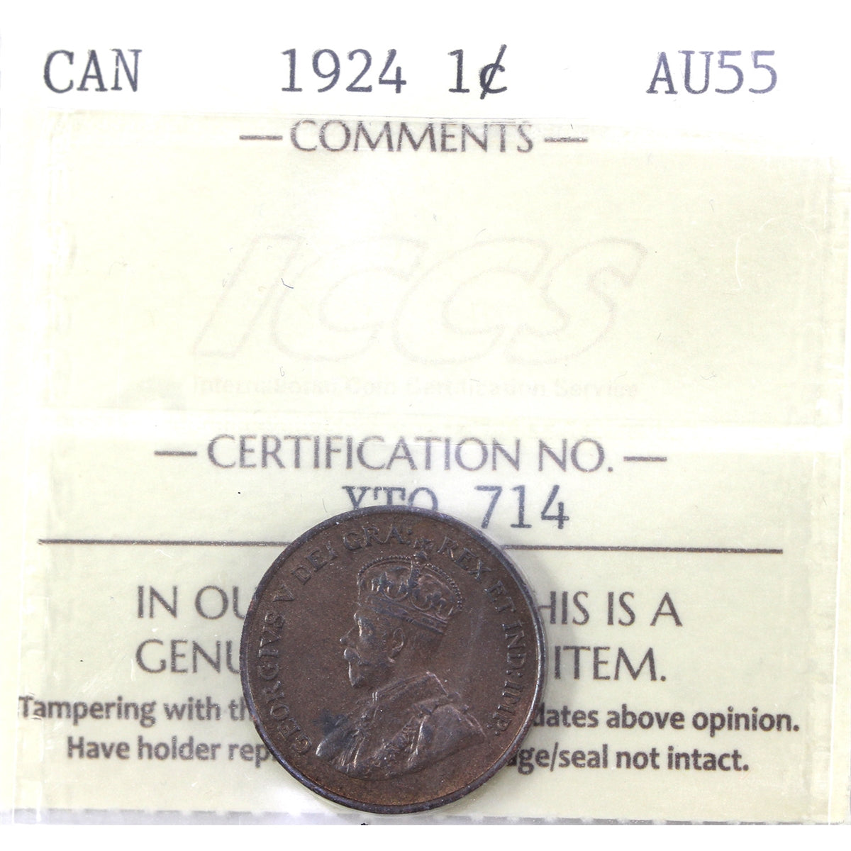 1924 Canada 1-cent ICCS Certified AU55