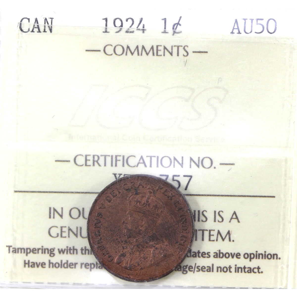 1924 Canada 1-cent ICCS Certified AU-50